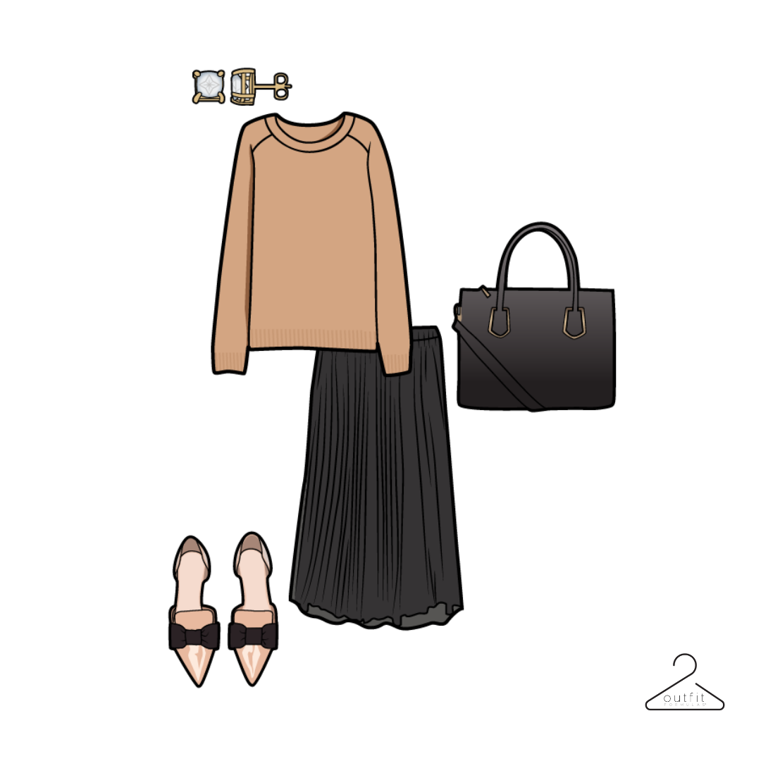 french minimalist outfit idea featuring a neutral sweater, black pleated midi skirt, neutral flats with a bow accent paired with diamond stud earrings and a black handbag for accessories