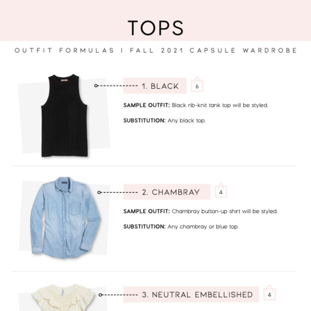Fall capsule wardrobe outfit preview showing black top, chambray button down, and neutral embellished top