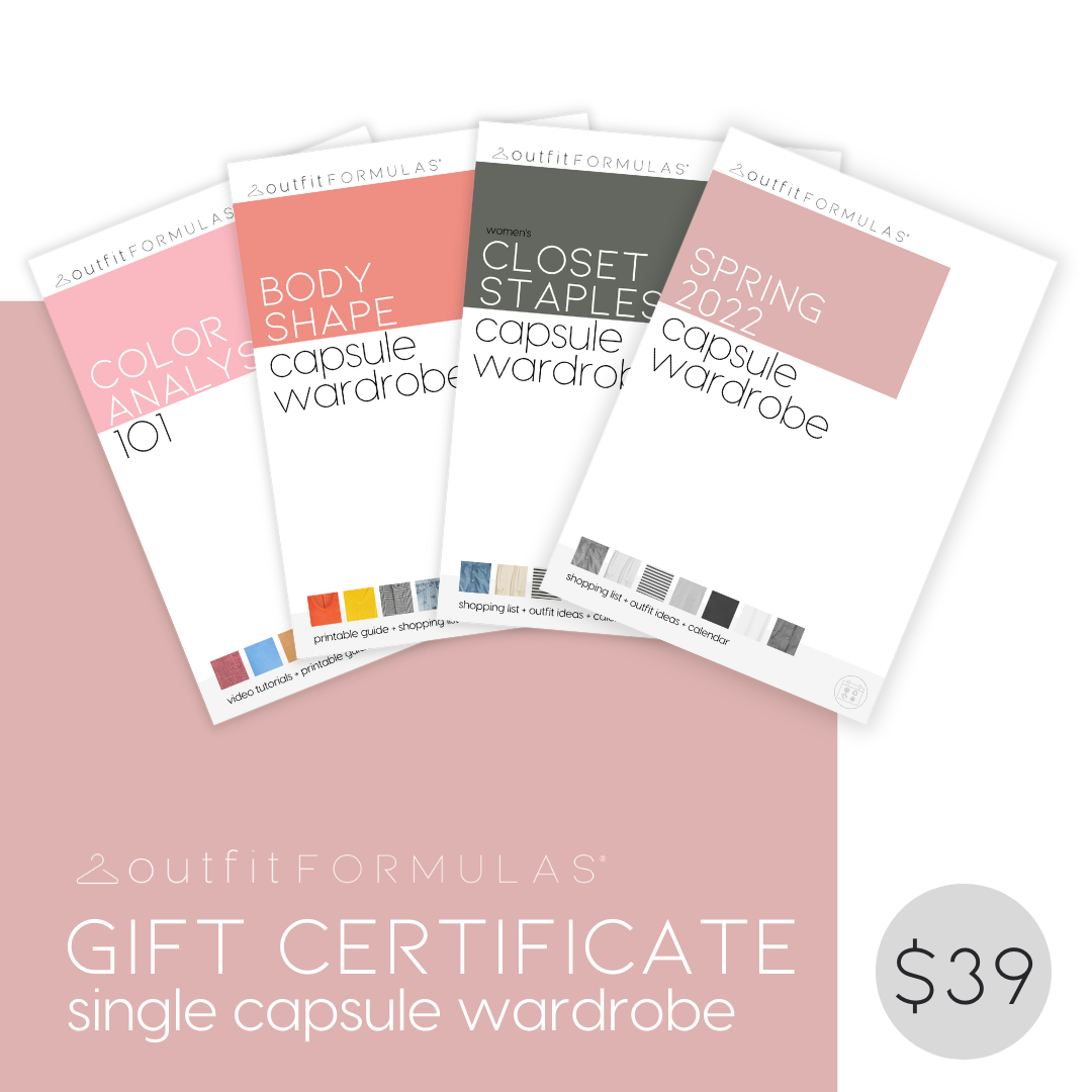 Product image for a gift certificate for one capsule wardrobe for $39 - image shows 4 different capsule wardrobes to highlight customer options