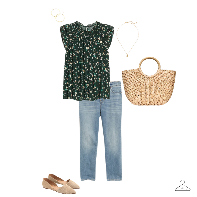 Example of a outfit idea - green floral printed top, boyfriend jeans, tan pointed toe flats, bag, and jewelry