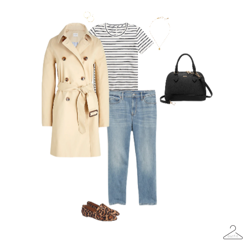 Outfit example - tan trench coat, striped shirt, boyfriend jeans, black purse, and animal print flats