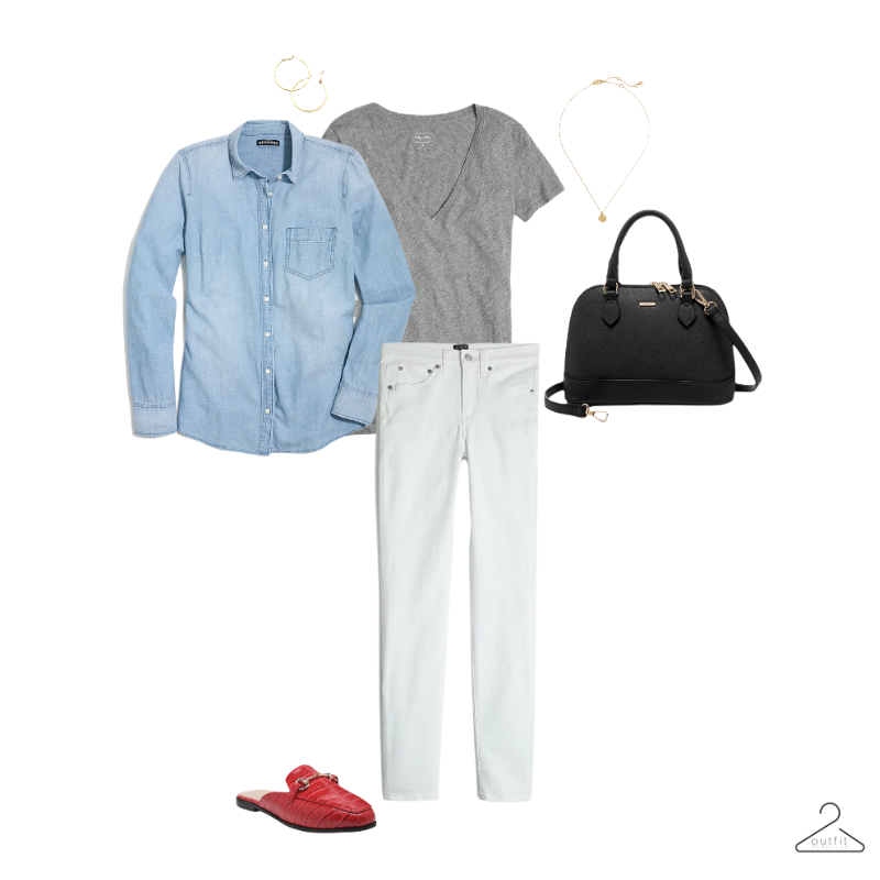 Outfit example - chambray top, gray tee, white jeans, red flats, black bag, and jewelry