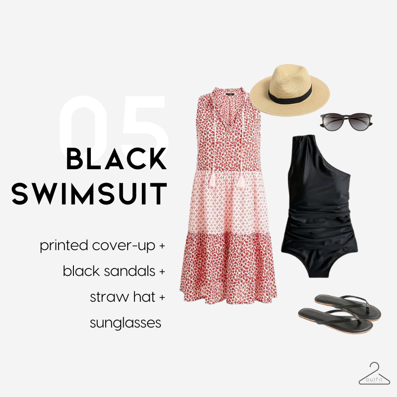 image of a spring break vacation outfit from the spring packing list = black swimsuit, printed cover-up, black sandals, sunglasses, and a straw tote bag.