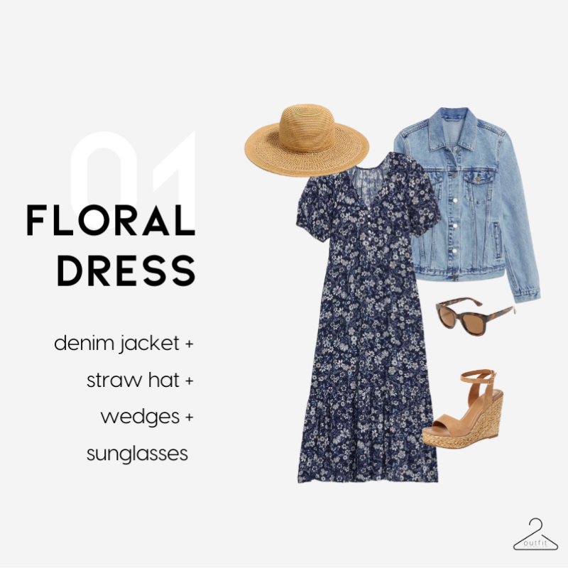 image of a spring break vacation outfit from the spring packing list = floral maxi dress, denim jacket, brown wedges, sunglasses, and a straw hat.