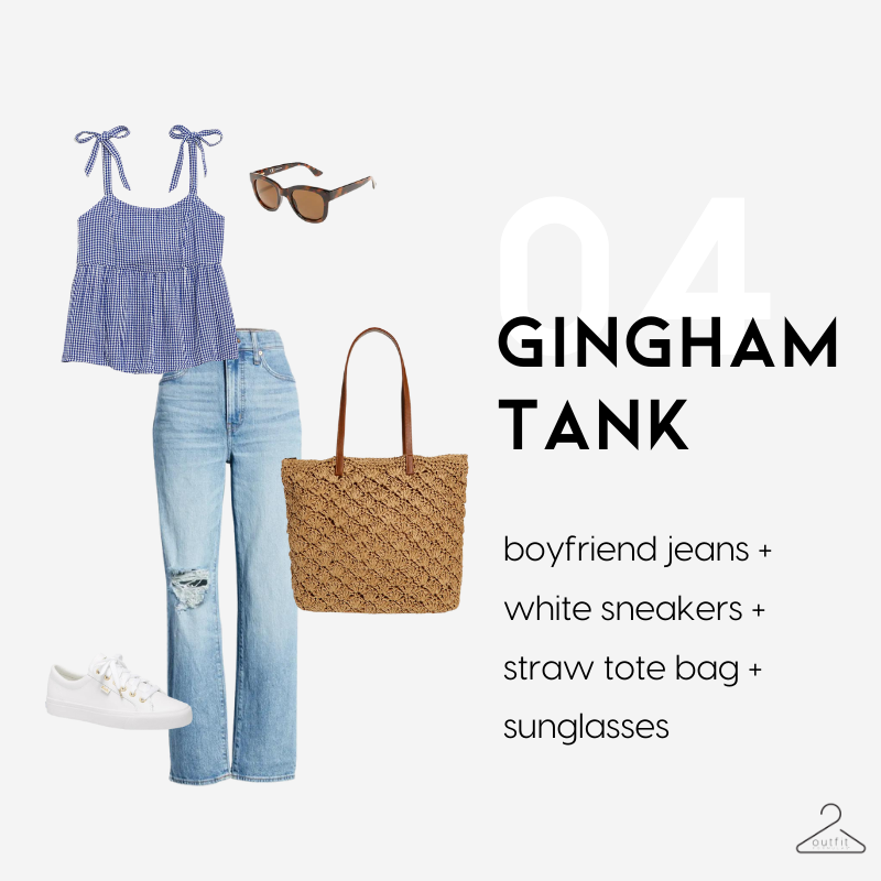 image of a spring break vacation outfit from the spring packing list= white and blue gingham tank with tie straps, boyfriend jeans, white sneakers, sunglasses, and a straw tote bag.