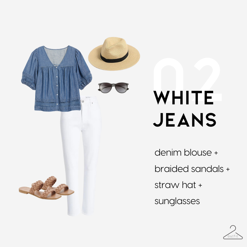 image of a spring break vacation outfit from the spring packing list = denim blouse, white jeans brown braided sandals, sunglasses, and a straw hat.