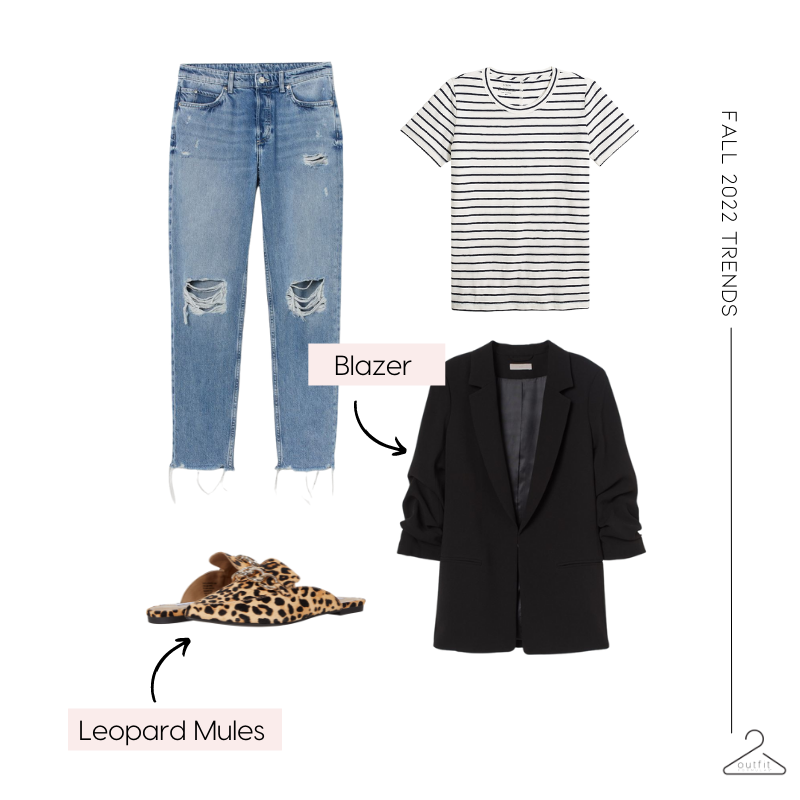 fall 2022 style trend - blazer with leopard mules + striped tee and jeans