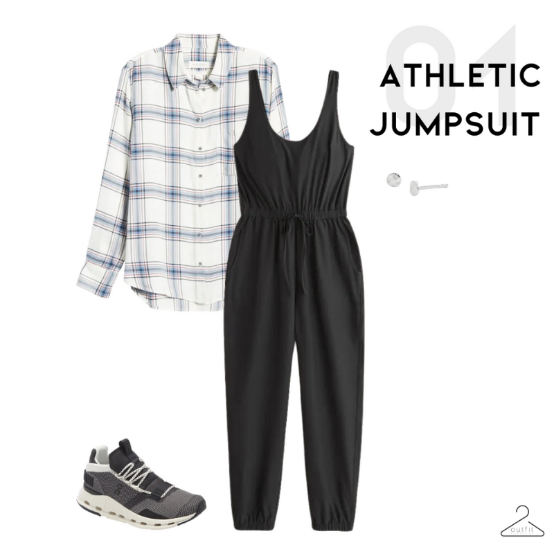 spring athleisure look 1 - jumpsuit with flannel shirt and sneakers