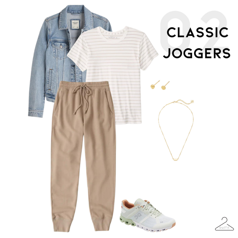 spring athleisure look 2 - classic joggers with a strip tee, denim jacket, and white sneakers