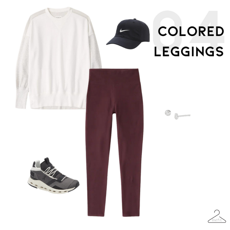 spring athleisure look 4 - colored leggings with oversized long sleeve tee, black hat, and sneakers