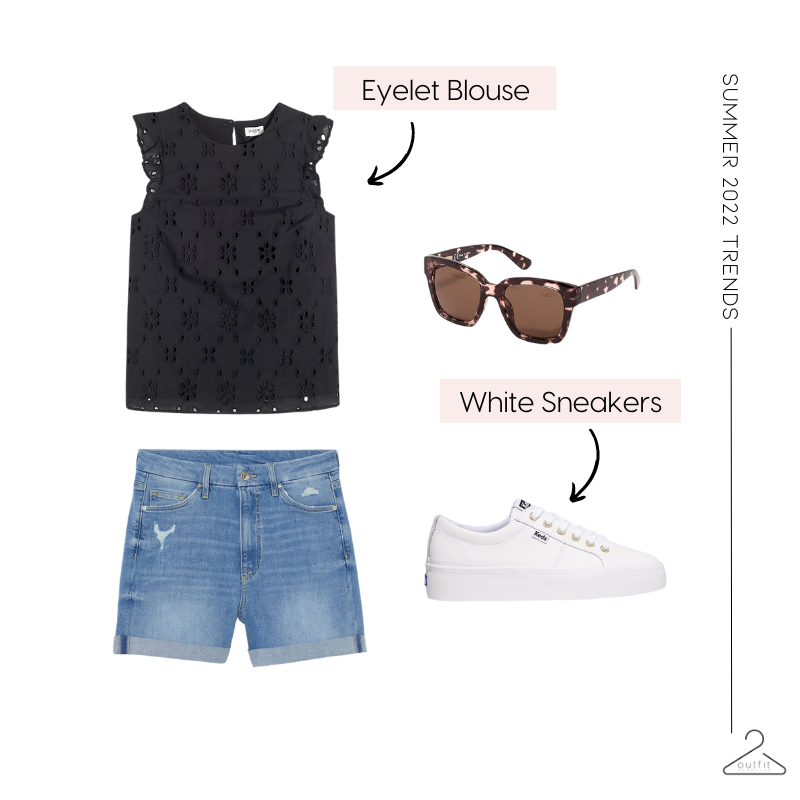 summer 2022 style trend - eyelet blouse with white sneakers and denim shorts
