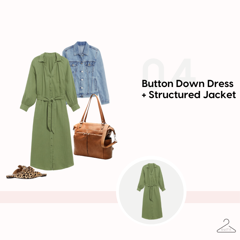 spring postpartum look 4 - button down dress, structured denim jacket with a brown bag and animal print mule flats