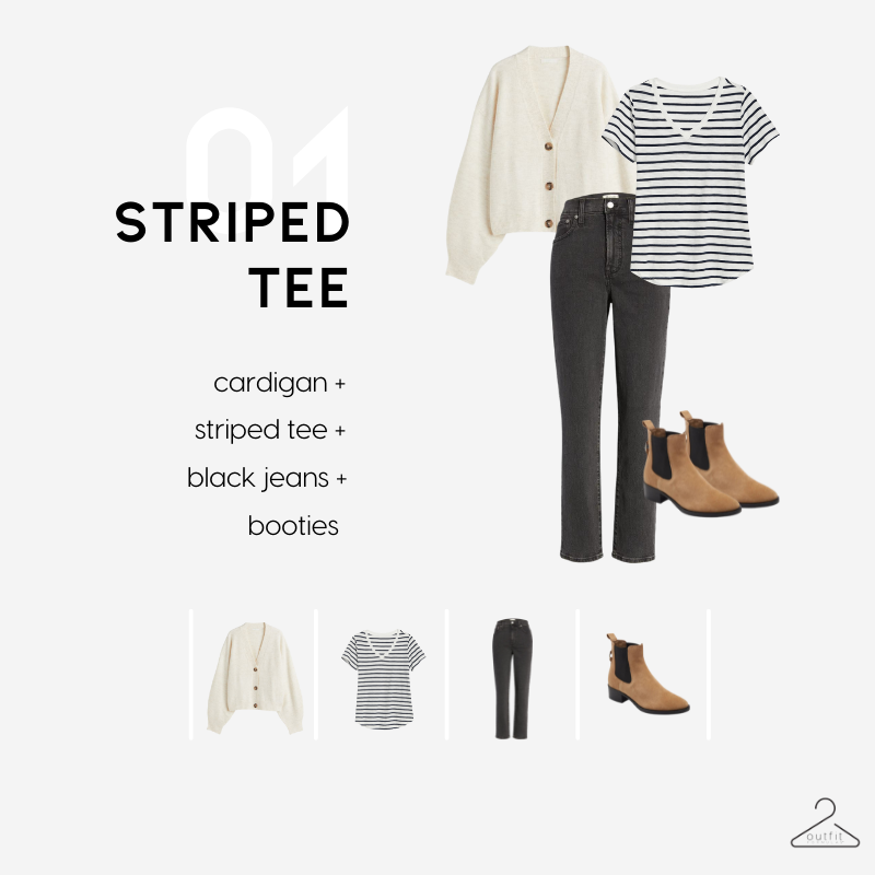 cardigan outfit 1 - cardigan + stripped tee + black jeans with boots