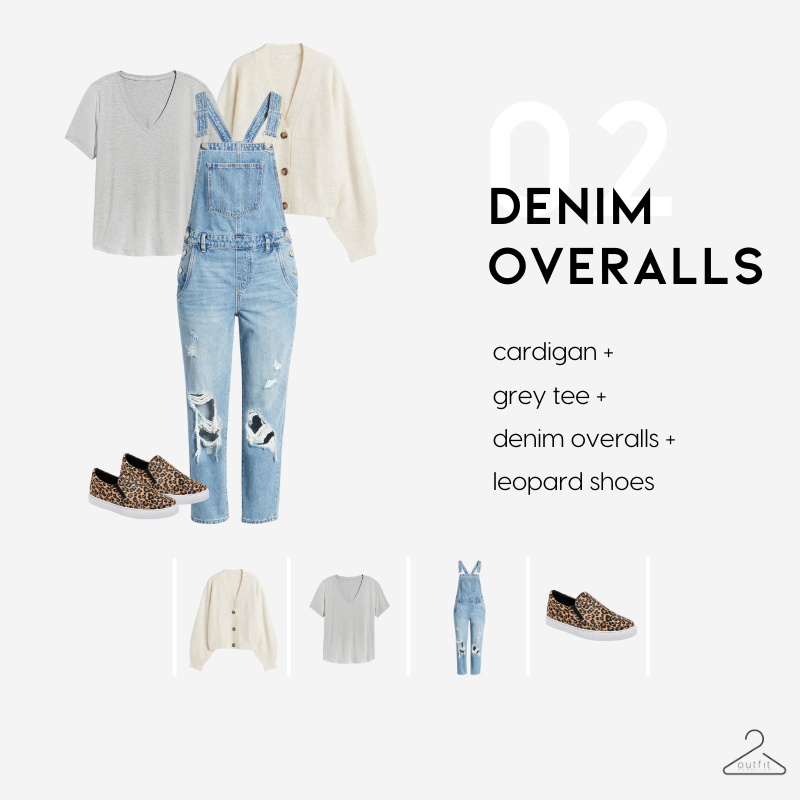 cardigan outfit 2 - cardigan + grey tee + denim overalls with animal print slip ons