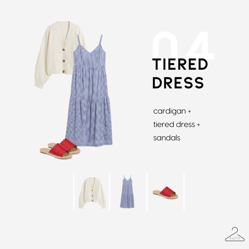 cardigan outfit 4 - cardigan + tiered dress + sandals