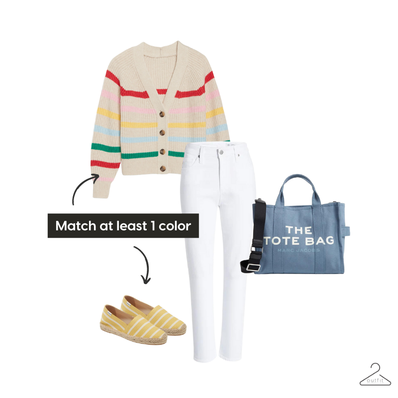 mixing patterns option 1 - multi-colored strip cardigan, white jeans, tote bag and yellow and white striped slip ons