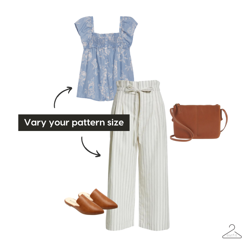 mixing patterns option 2 - floral blouse, striped pants, brown satchel bag, and brown mules