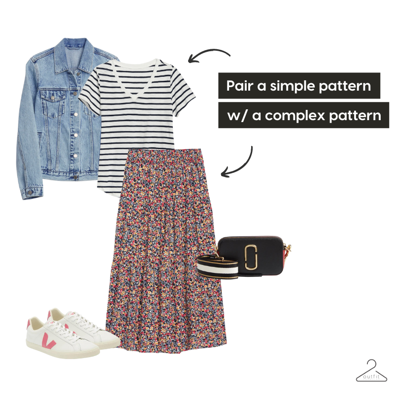 mixing patterns option 3 - denim jacket, striped tee and floral skirt with white sneakers and small handbag