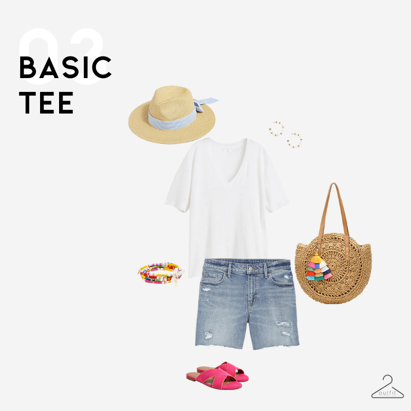 summer outfit idea #3 - white tee, denim shorts, bright sandals, and a hat