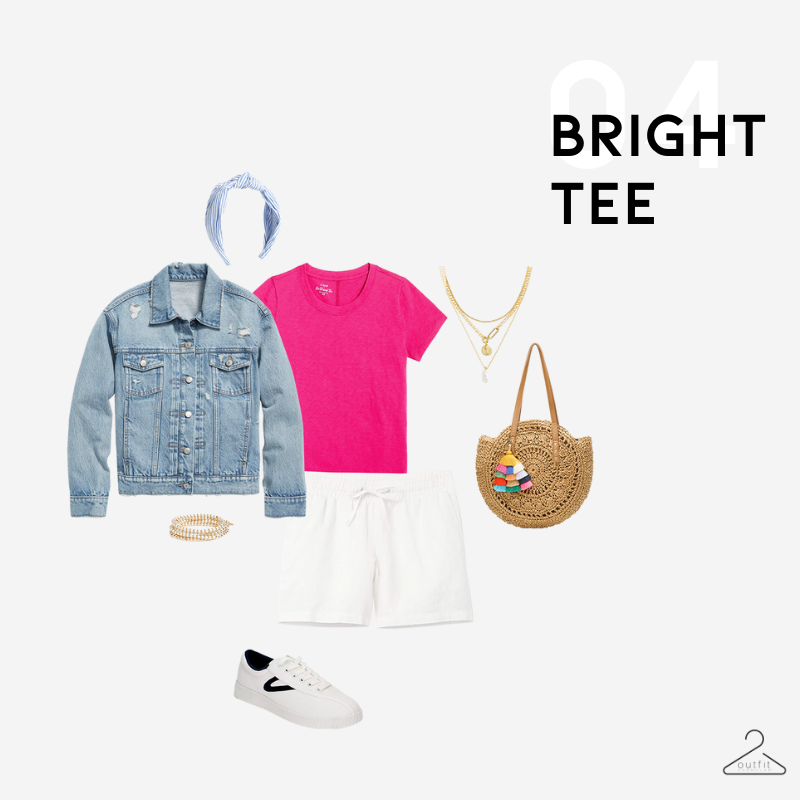 summer outfit idea #4 - bright tee, white shorts, denim jacket, and white sneakers