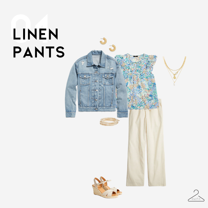 summer outfit idea #1 - denim jacket, floral top, and linen pants with espadrilles
