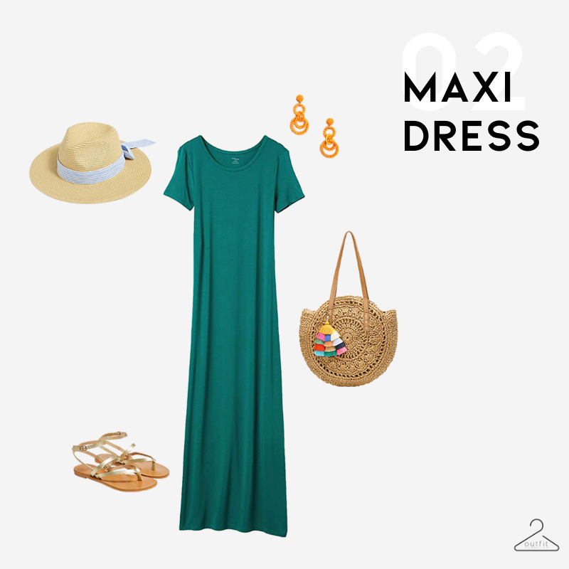 summer outfit idea #2 - maxi dress, sandals and a hat