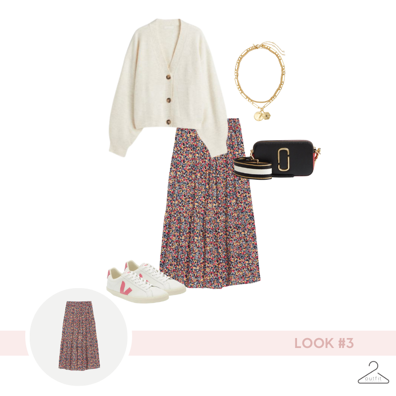 ditsy florals - outfit example #3: neutral cardigan, floral skirt, and white sneakers