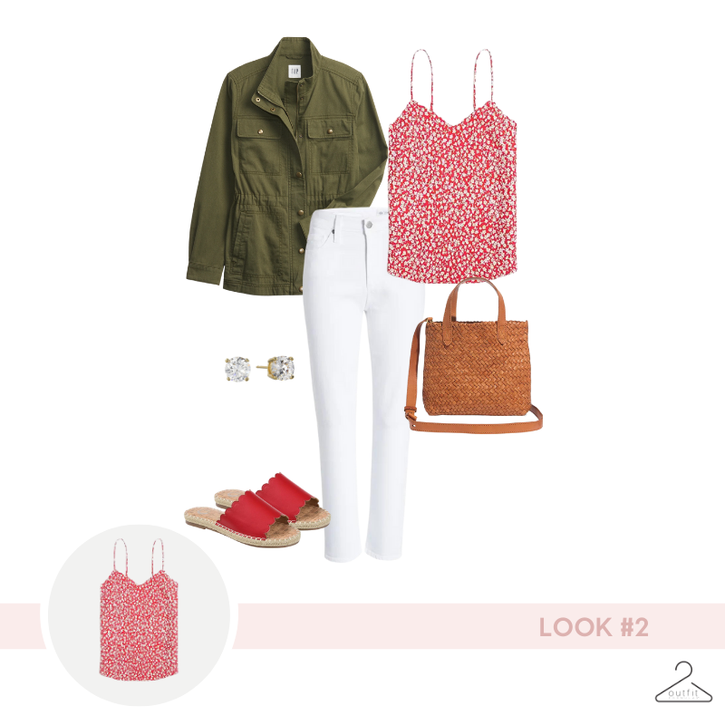 ditsy florals - outfit example #2: floral tank, light jacket, white denim, and colored flats