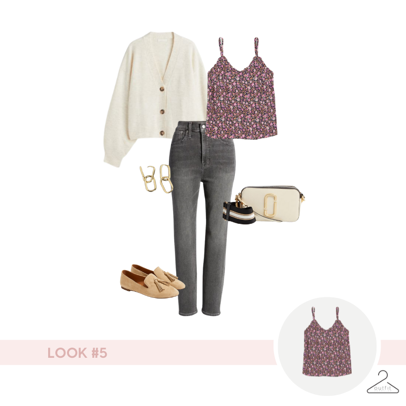 ditsy florals - outfit example #5: floral tank, black denim, neutral cardigan, and loafers