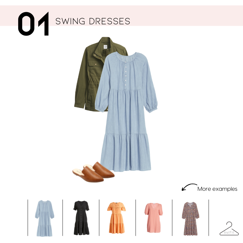 option #1 - conceal your midsection with a swing dress and light utility jacket