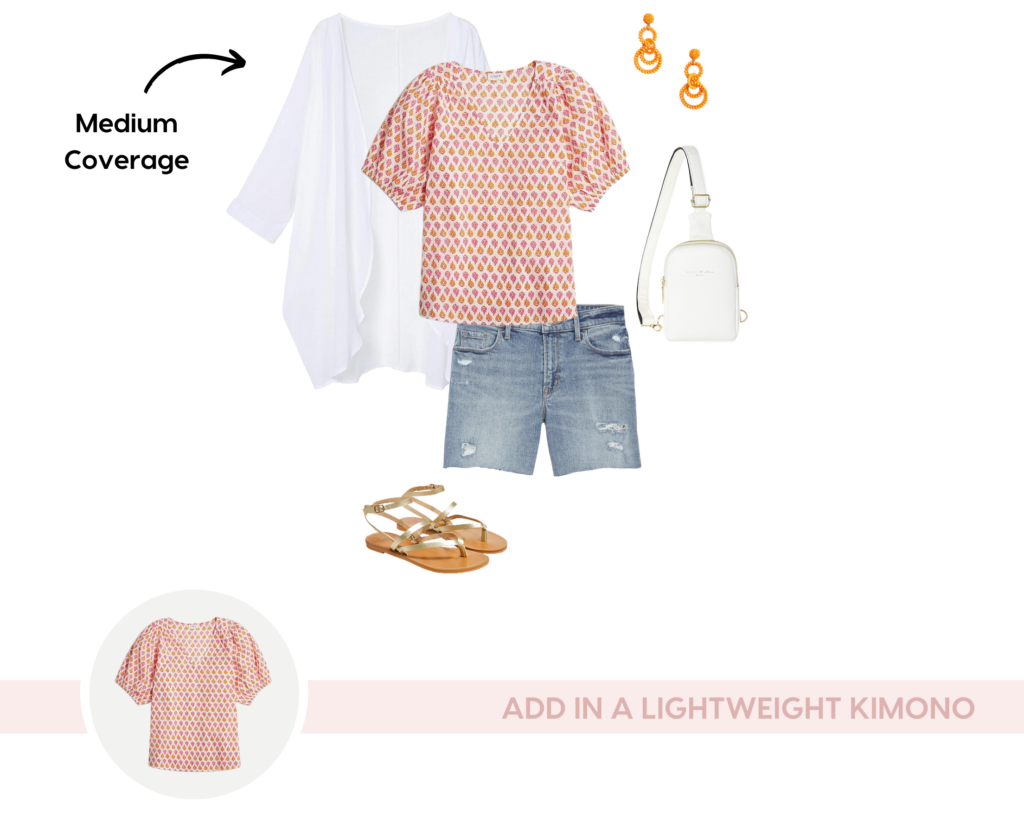 summer outfit ideas for medium coverage: light blouse, denim shorts, and sandals with a lightweight kimono