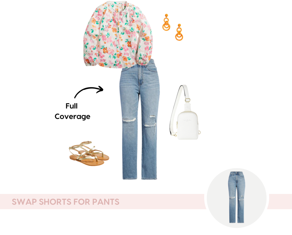 summer outfits for full coverage: long sleeve pattern top with denim jeans and sandals
