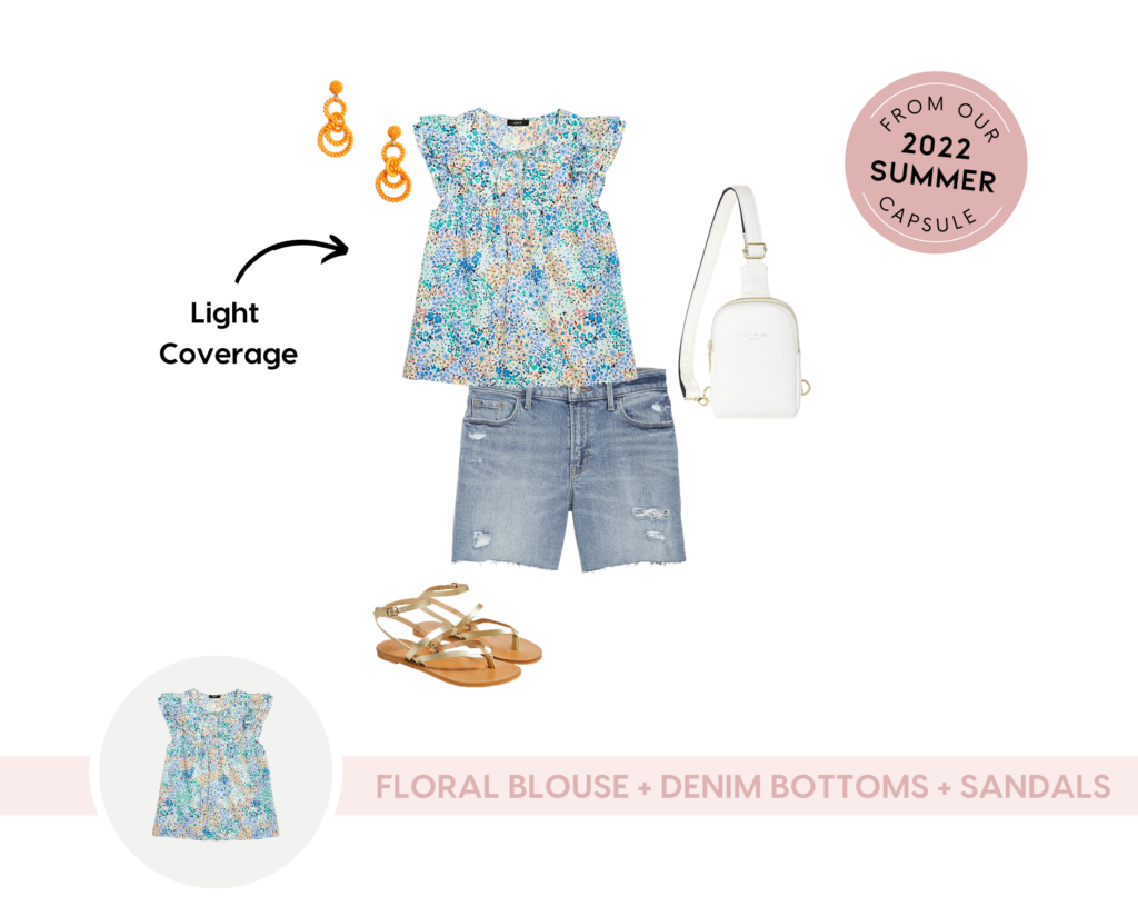 summer outfits example for light coverage: floral blouse, denim bottoms, and sandals