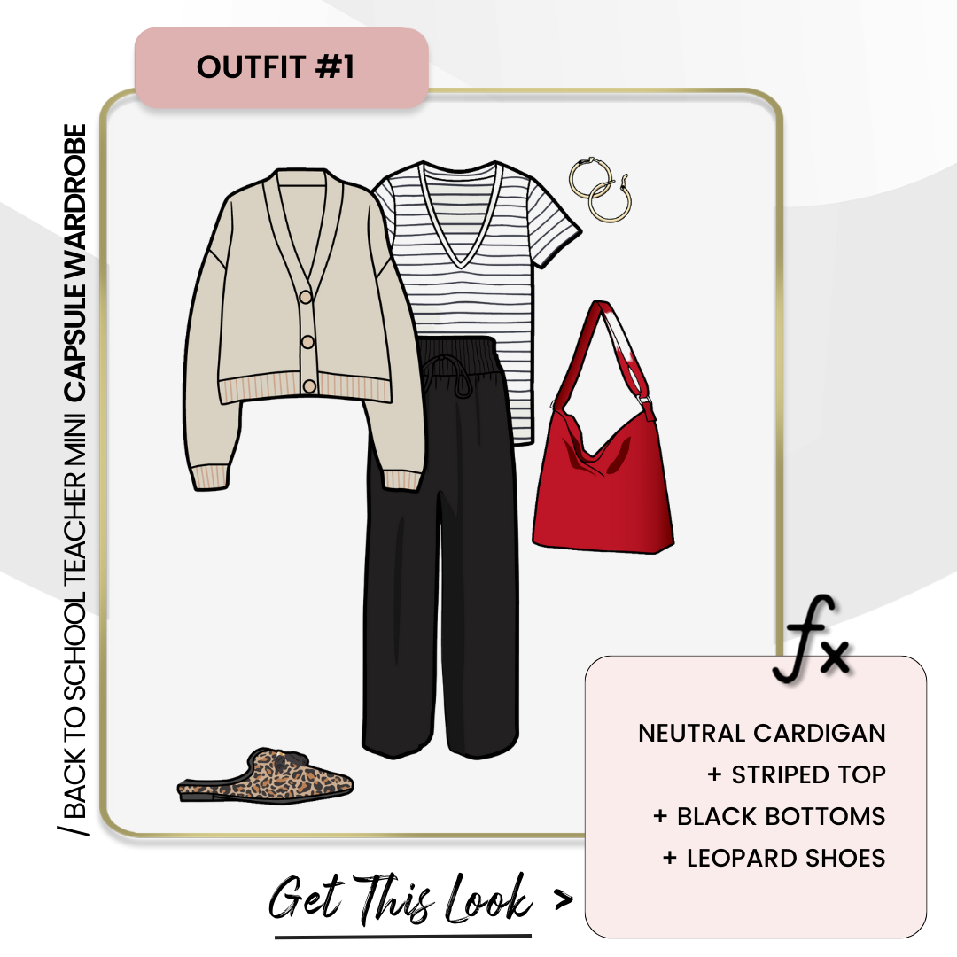 3 Back to School Teacher Outfits You Can Copy - Outfit #1: NEUTRAL CARDIGAN + STRIPED TOP + BLACK BOTTOMS + LEOPARD SHOES