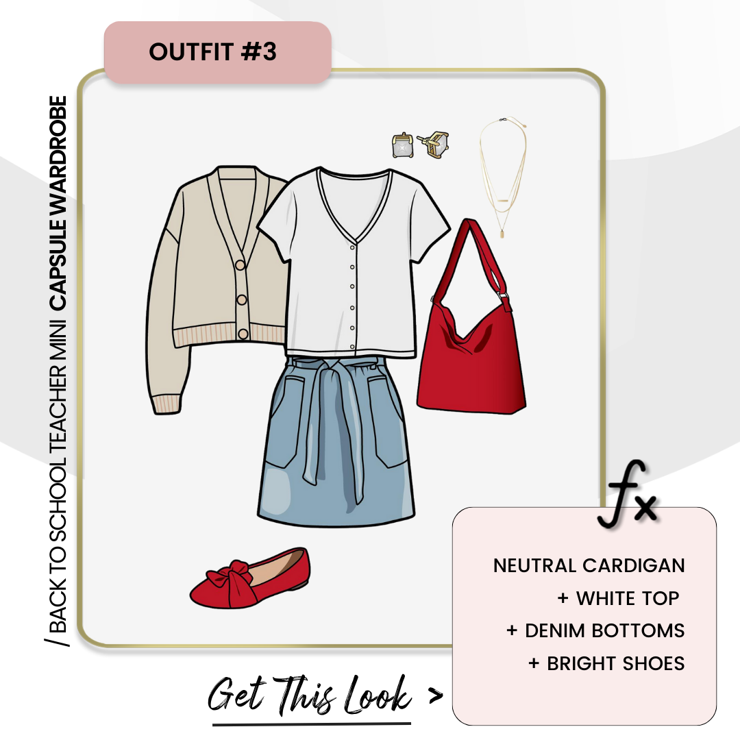 3 Back to School Teacher Outfits You Can Copy - Outfit #3: NEUTRAL CARDIGAN + WHITE TOP + DENIM BOTTOMS + BRIGHT SHOES
