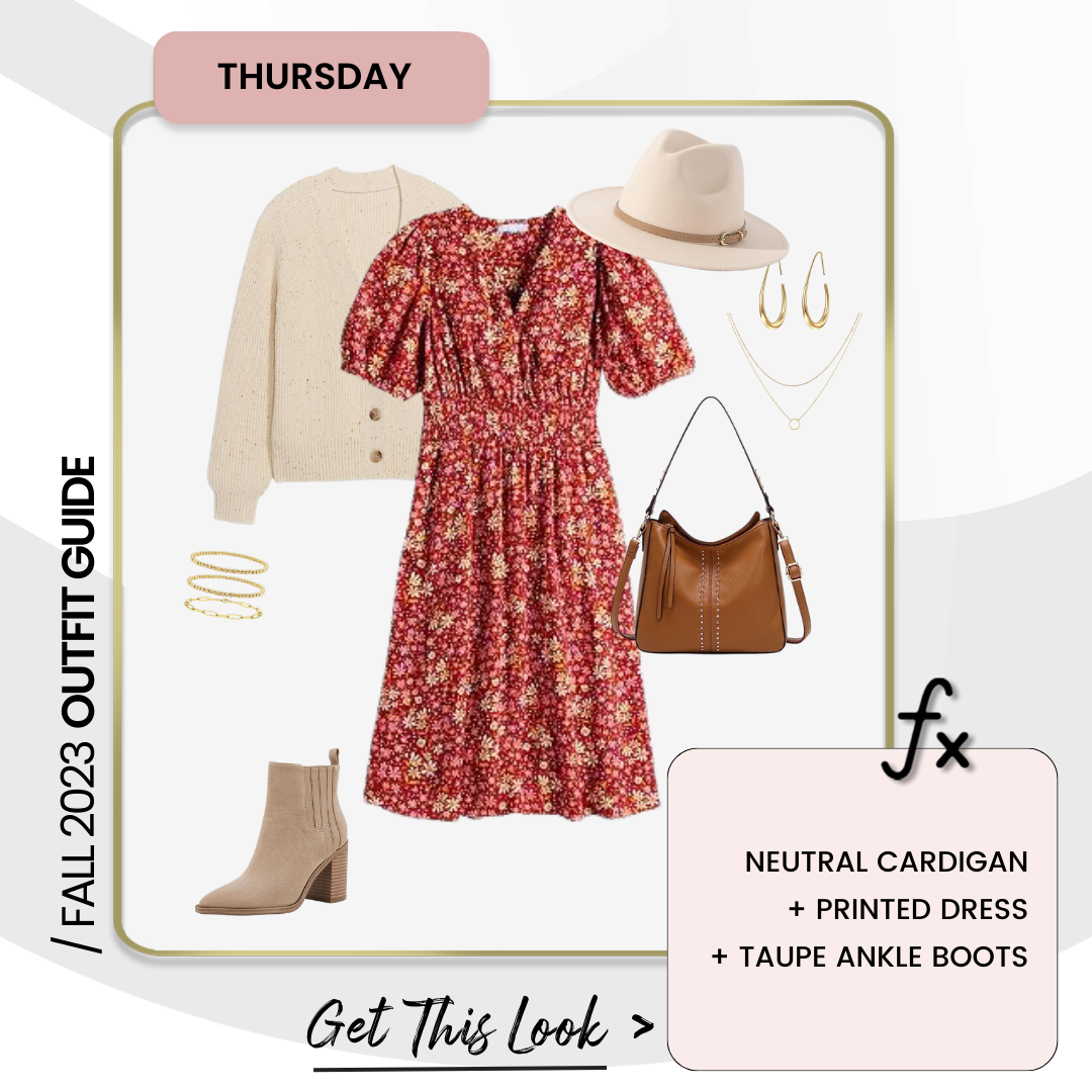 5 Cute Fall Outfits That You Can Make Your Own - Fall Outfit Day 4: Neutral Cardigan + Printed Dress + Taupe Ankle Boots