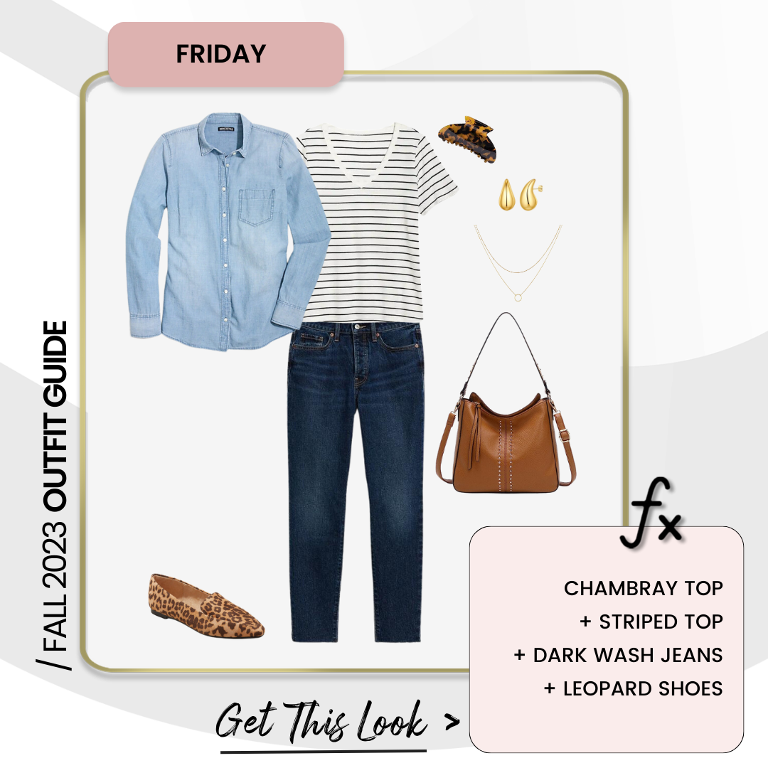 5 Cute Fall Outfits That You Can Make Your Own - Fall Outfit Day 5: Chambray Top + Striped Top + Dark Wash Jeans + Leopard Shoes 