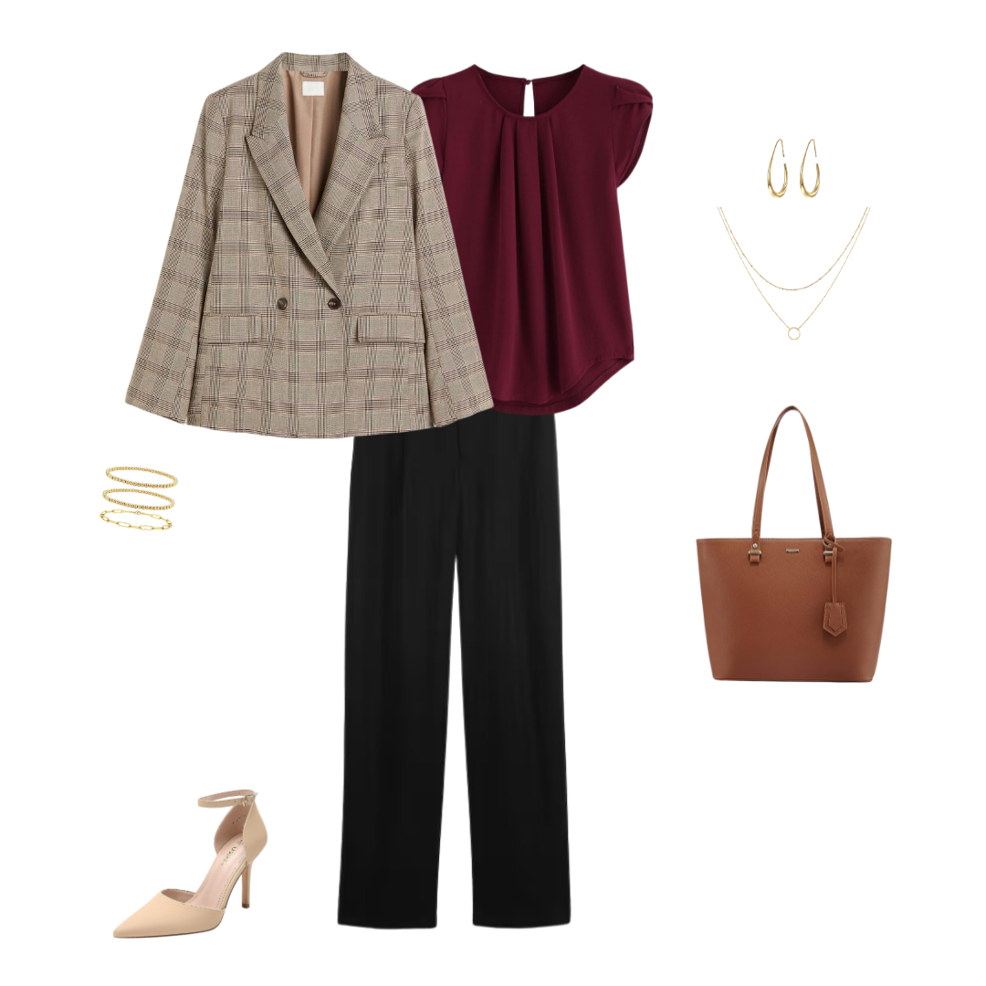Cute Fall Work Wear Outfit: Printed Blazer + Solid Color Blouse + Black Trousers + Nude Pumps