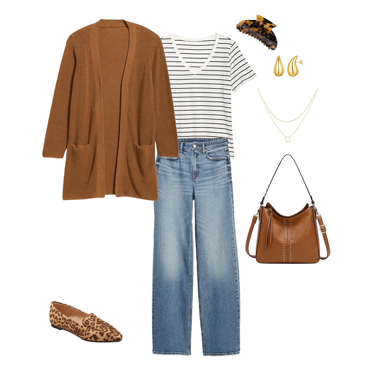 Cute Casual Fall Outfit: Solid Color Cardigan + Striped Top + Medium Wash Jeans + Leopard Shoes 