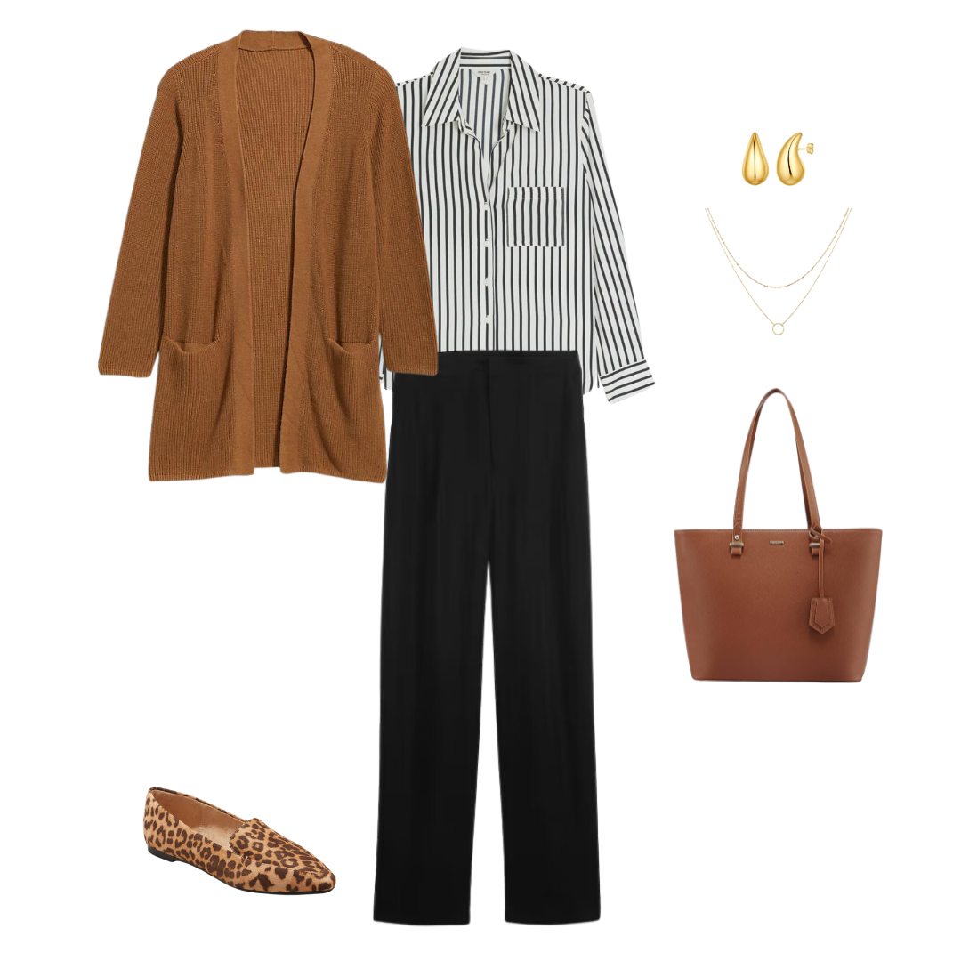 Cute Fall Work Wear Outfit: Solid Color Cardigan + Striped Blouse + Black Trousers + Leopard Shoes 