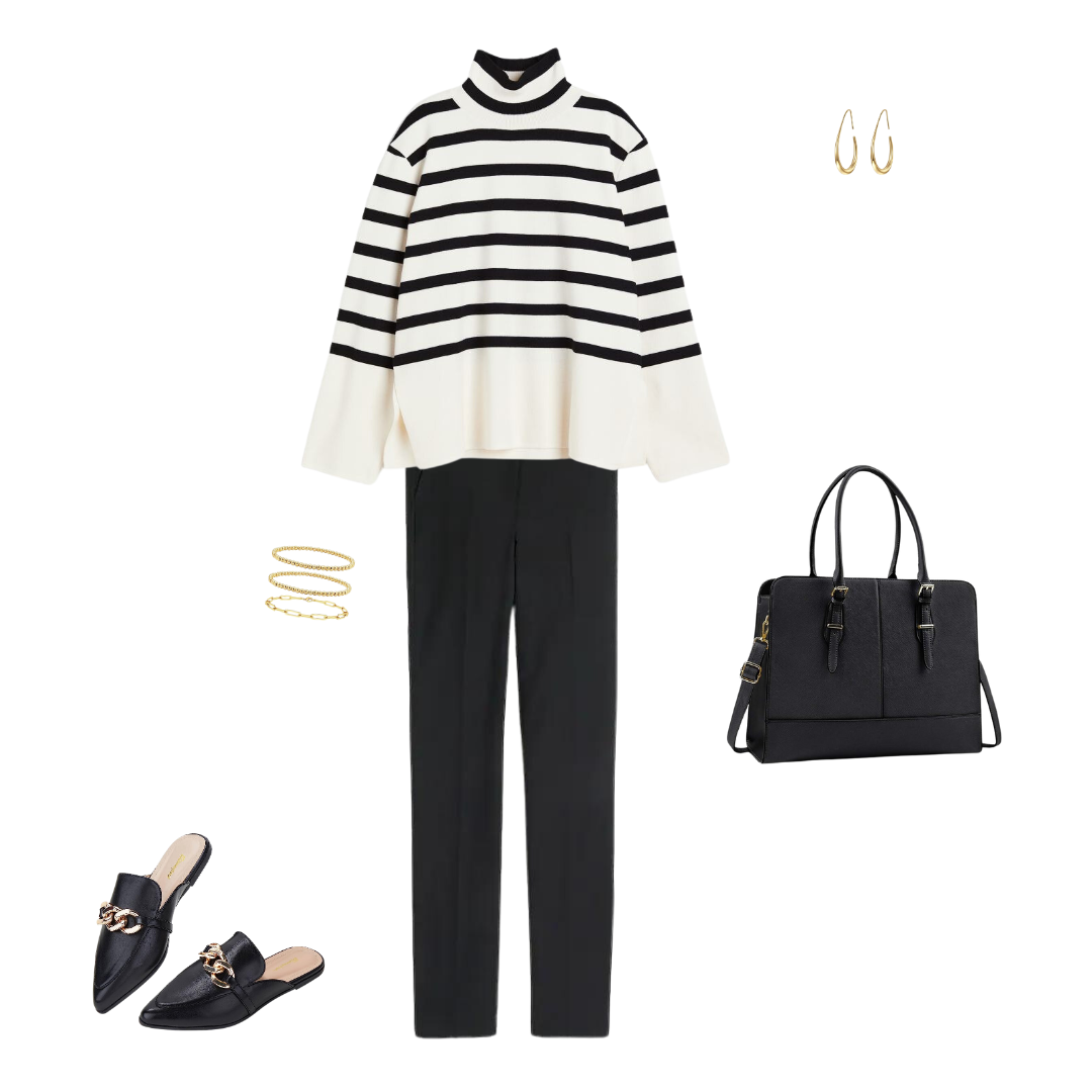 Cute Fall Work Wear Outfit: Neutral Printed Sweater + Black Trousers + Black Shoes 