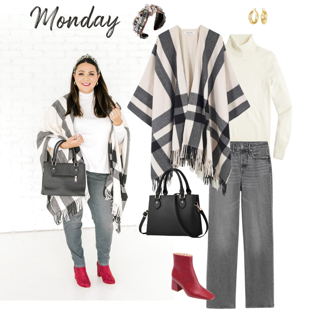 Winter Outfit from our Winter 2023 Outfit Guide: Outfit 1: Printed Poncho + White Top + Gray Bottoms + Color Shoes 