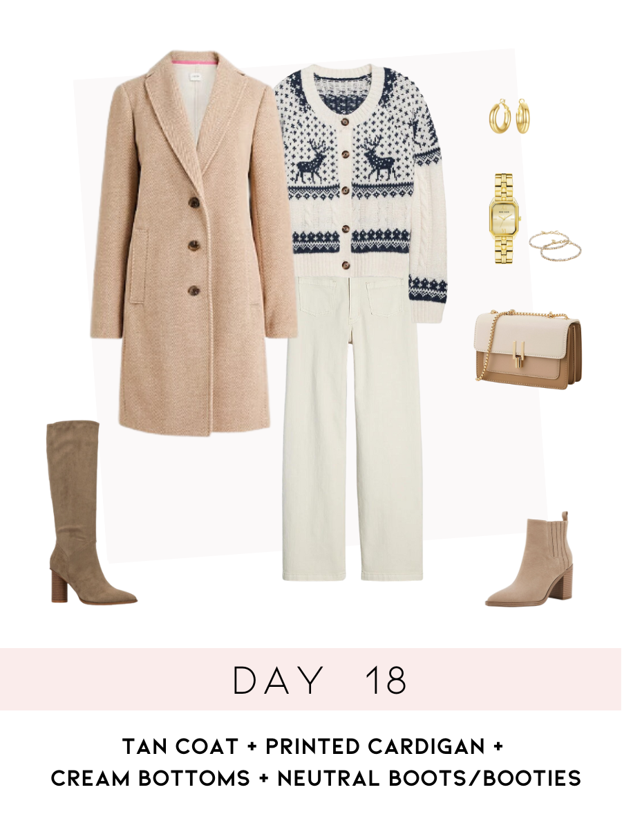 Your Ultimate Winter Wardrobe Checklist: Day 18: Tan coat + printed cardigan + 
cream bottoms + neutral boots/booties