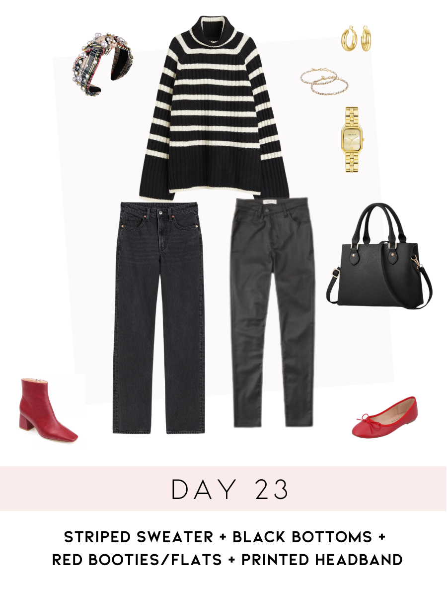 Your Ultimate Winter Wardrobe Checklist: Day 23: striped sweater + black bottoms + 
red booties/flats + printed headband