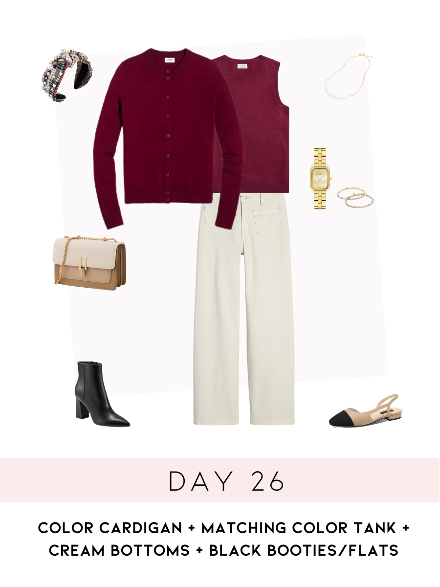Your Ultimate Winter Wardrobe Checklist: Day 26: color cardigan + matching color tank + cream bottoms + black booties/flats