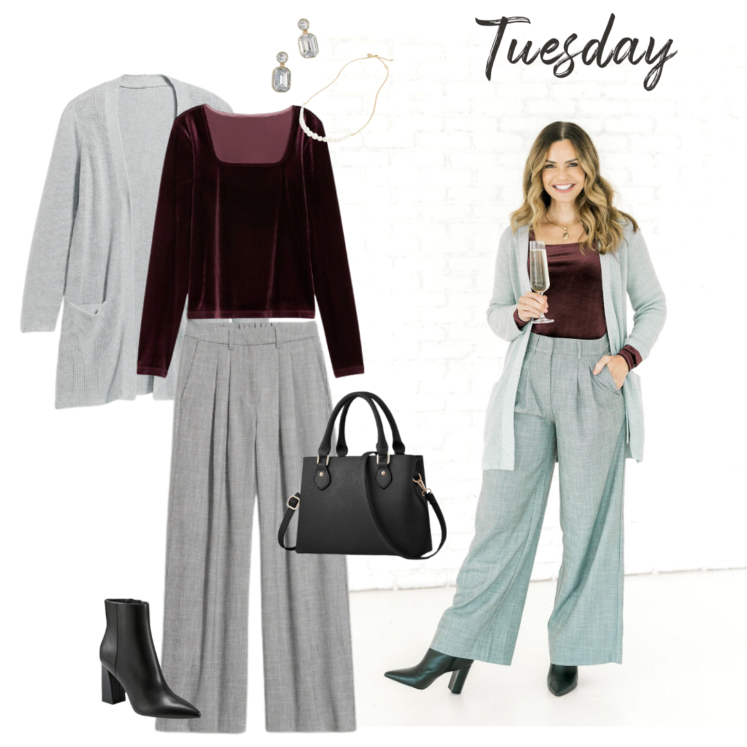Winter Outfit from our Winter 2023 Outfit Guide: Outfit 2: Neutral Cardigan + Solid Color Top + Gray Bottoms + Black Ankle Boots 