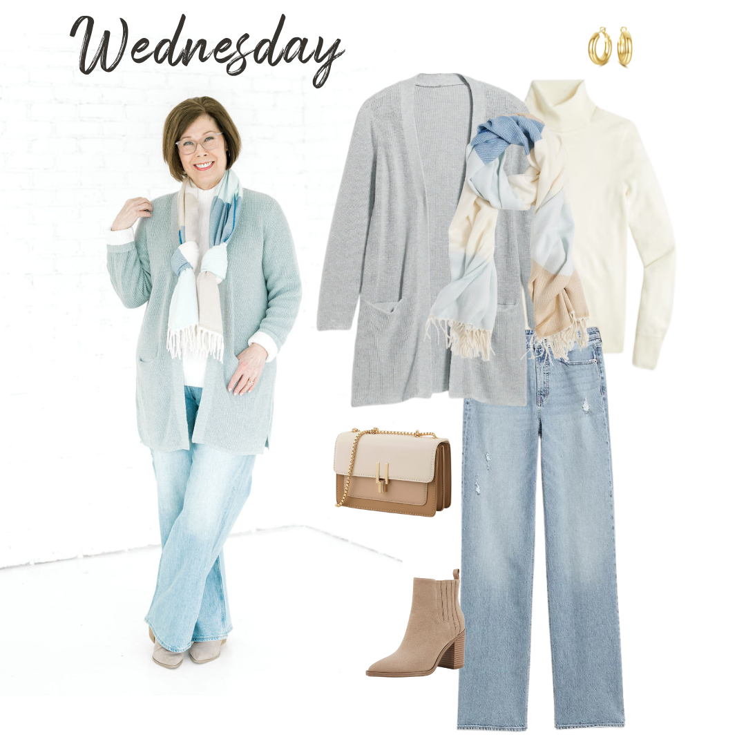Winter Outfit from our Winter 2023 Outfit Guide: Outfit 3: Neutral Cardigan + White Top + Light Wash Jeans + Taupe Ankle Boots 