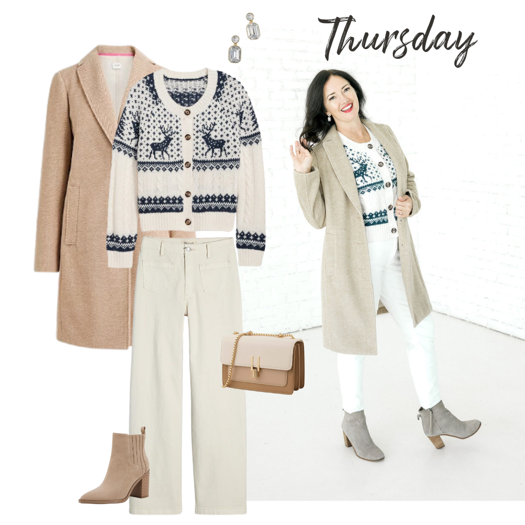 Winter Outfit from our Winter 2023 Outfit Guide: Outfit 4: Neutral Coat + Fair Isle Sweater + Cream/White Bottoms + Taupe Ankle Boots 