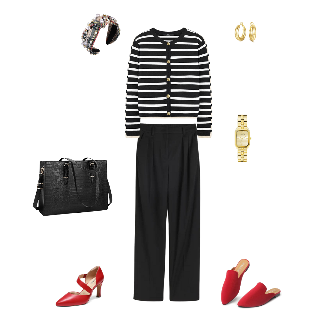 Winter Work Wear Outfit: Striped Sweater, Black Slacks, Red Heels, Black Handbag