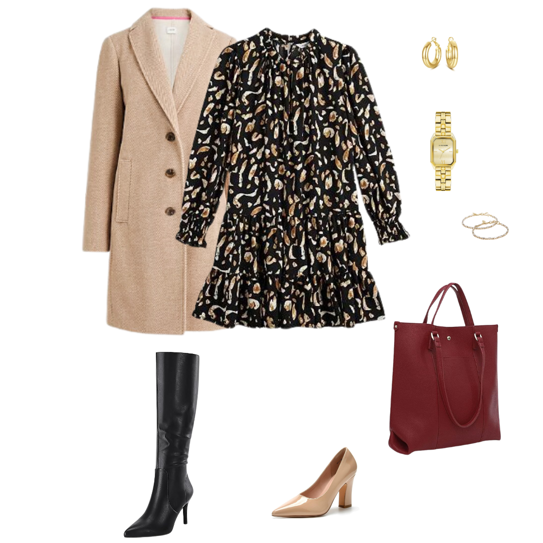 Work Wear Outfit: Tan Coat, Printed Dress, Knee High Boots or Pumps, Red Handbag
